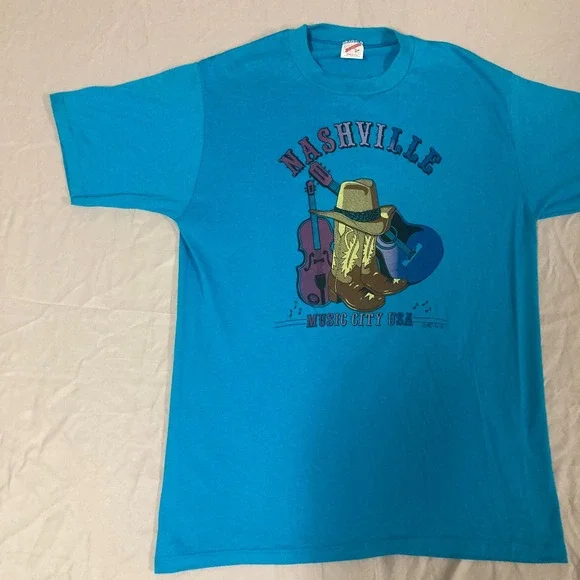 Vintage Jerzees Nashville Music City USA T-Shirt Blue Made in USA Large 50/50 - Picture 4 of 12